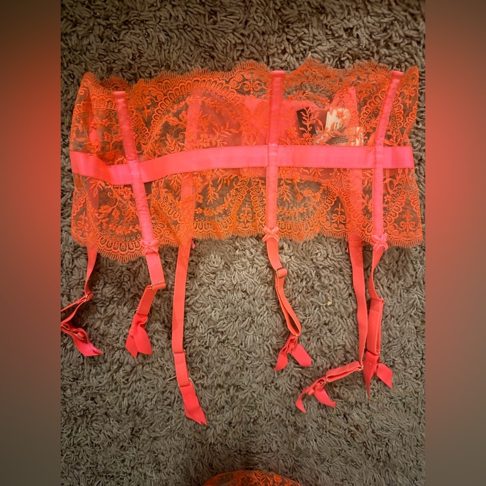 Dita von teese | EUC 3 piece sheer lingerie | vibrant coral lace 75E & medium - Picture 6 of 8